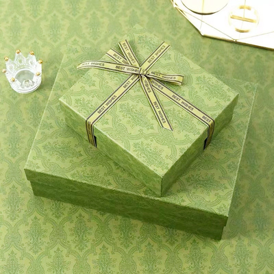 Green Embossing Cardboard Cosmetic Packaging Box With Ribbon