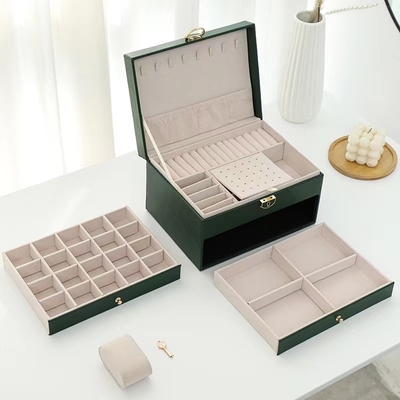 Luxury Green Pu Square Jewelry Cases With Two Drawers For Jewelry Set Gift