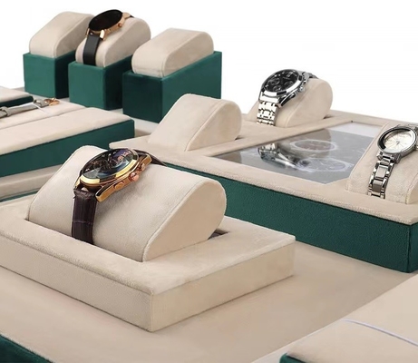 Contrast Color Green Cream Velvet Watch Tray With Roll Pillow