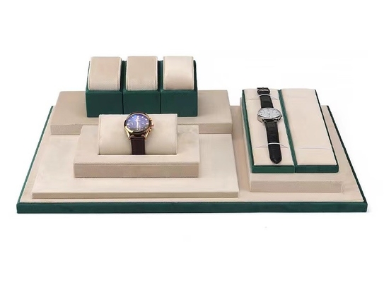 Contrast Color Green Cream Velvet Watch Tray With Roll Pillow