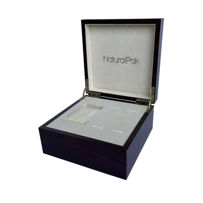 Custom Wine Red Wood Paper Packaging Box Silver Metal Logo Watch Set Box