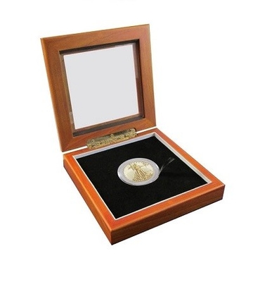 Wood Grain Square Corner Commemorative Coin Boxes With Glass