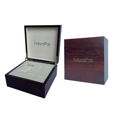 Custom Wine Red Wood Paper Packaging Box Silver Metal Logo Watch Set Box