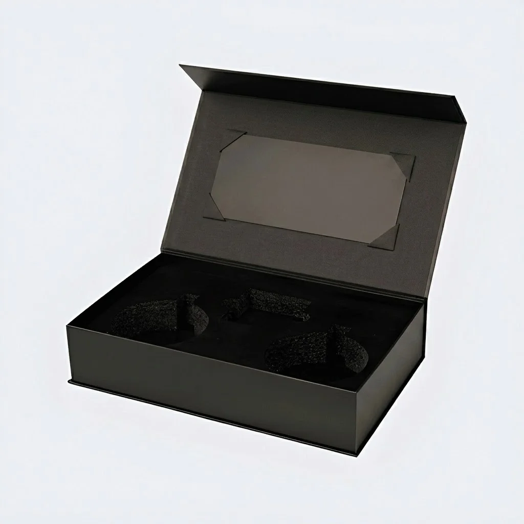 Book style magnetic rigid box with ribbon tab