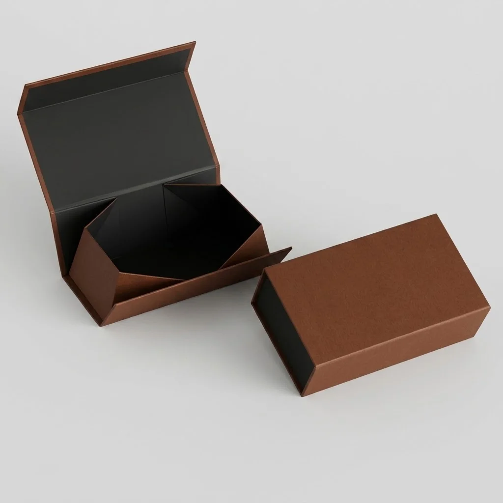 Hinged magnetic closure box open flap view